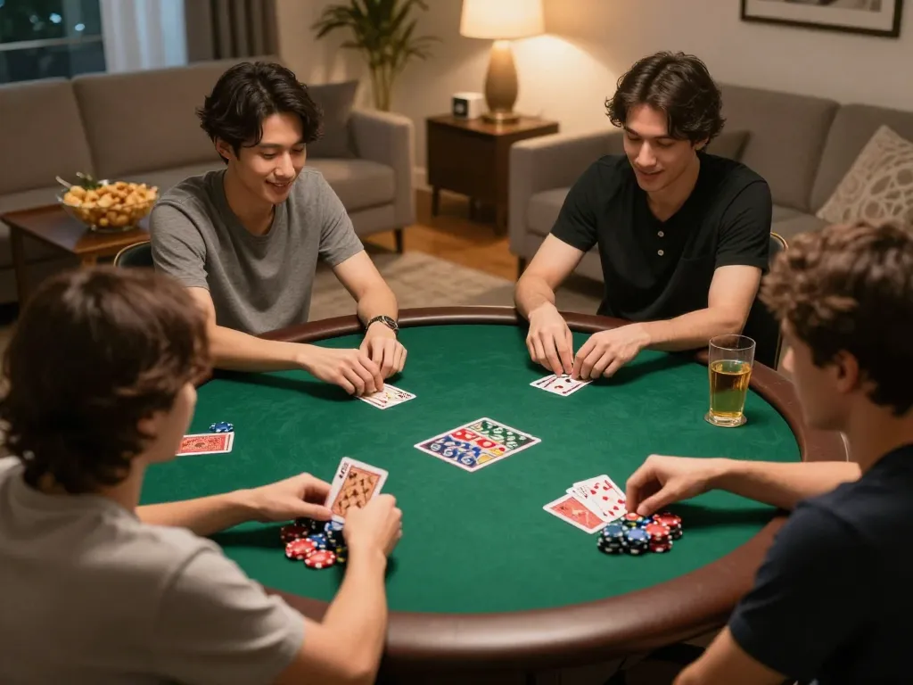 Players strategizing and placing bets at vb88game poker night, showcasing social gaming atmosphere.