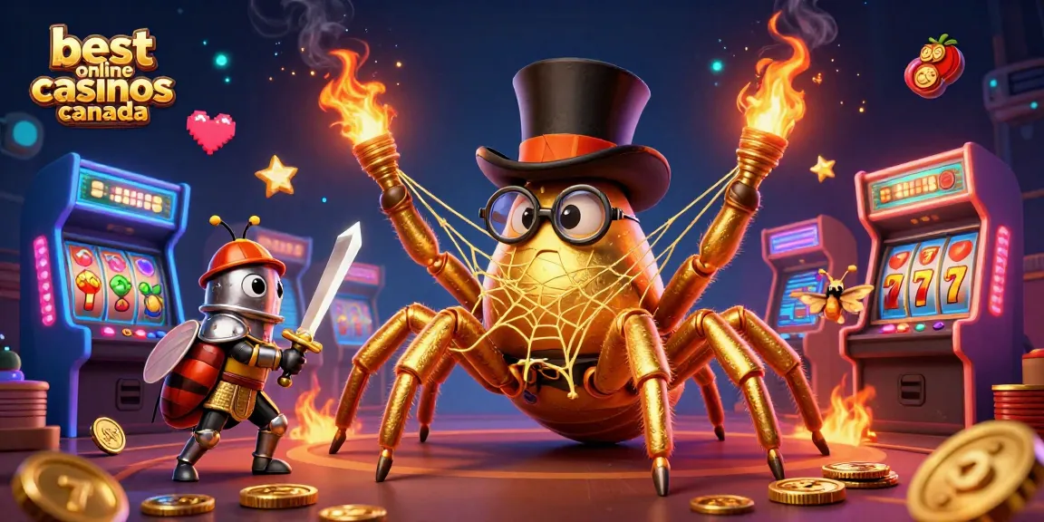 Experience top gaming with best online casinos canada in a 3D illustration of a giant tarantula and brave beetle knight.