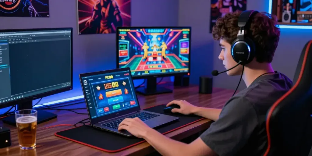 Intense gaming moment from https://fc88v1.com/ featuring a young adult immersed in a live casino game with vibrant graphics.
