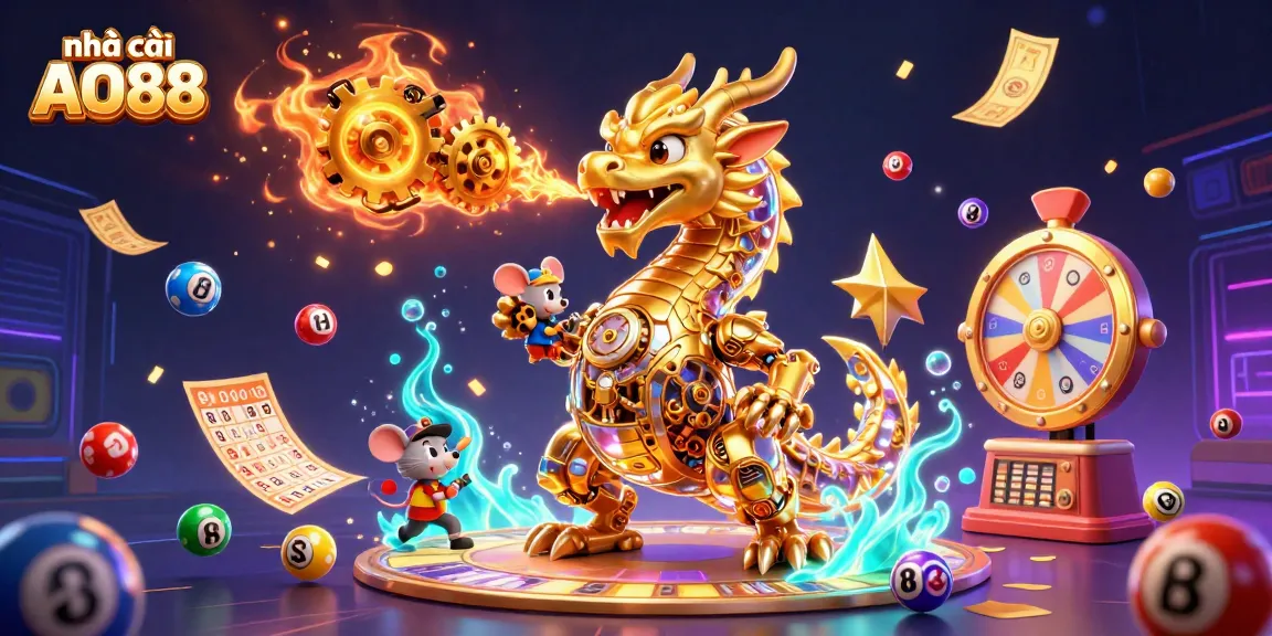 Engage with the dynamic action of nhà cái AO88 featuring colorful lottery elements and a golden dragon.