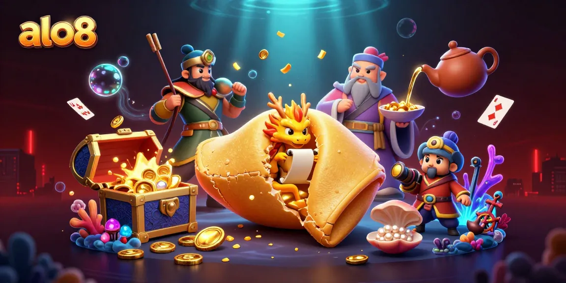 Bet big at alo8 with a vibrant scene of fortune and wise characters amid treasures and games.